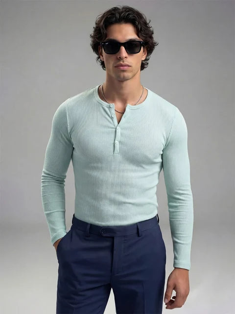 Pastel Mint Green Ribbed Henley Longsleeves Tshirt