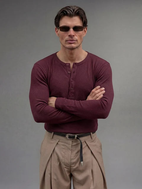 Maroon Ribbed Henley Longsleeves Tshirt