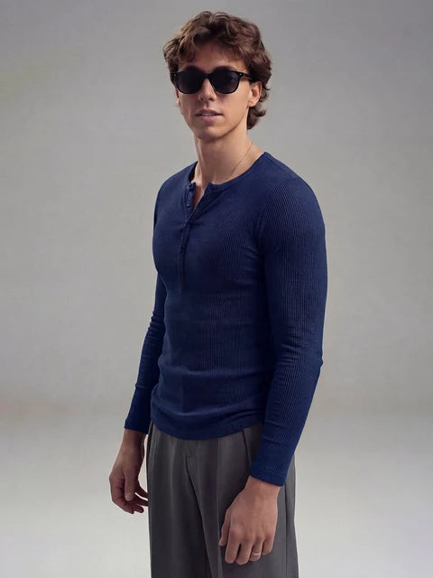 Navy Ribbed Henley Longsleeves Tshirt