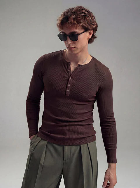 Coffee Ribbed Henley Longsleeves Tshirt