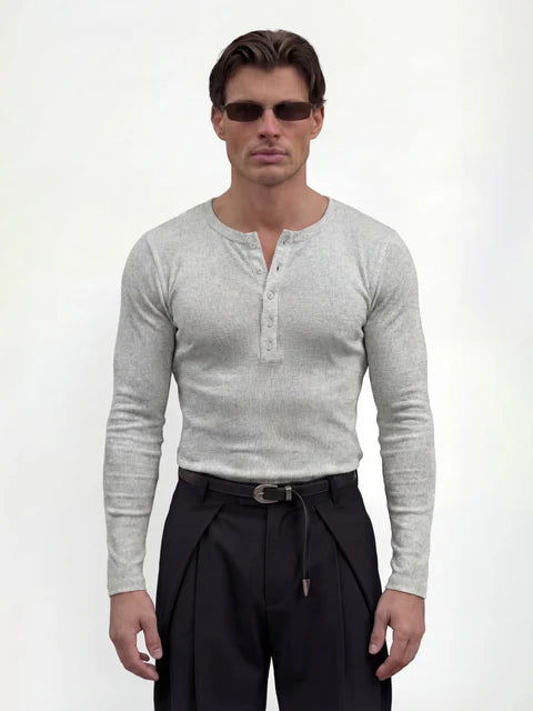 Light Grey Ribbed Henley Longsleeves Tshirt