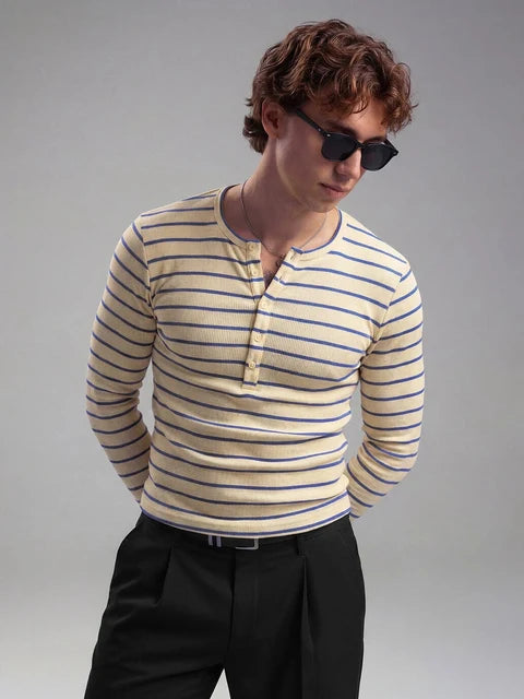 Beige And Navy Striped Ribbed Henley Longsleeves Tshirt