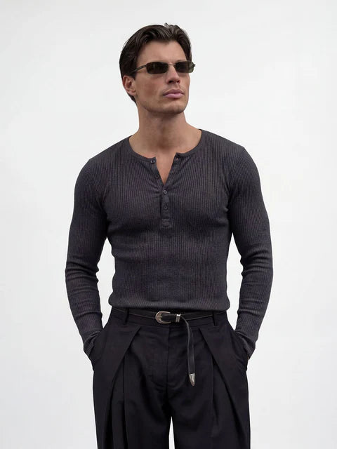 Charcoal Ribbed Henley Longsleeves Tshirt