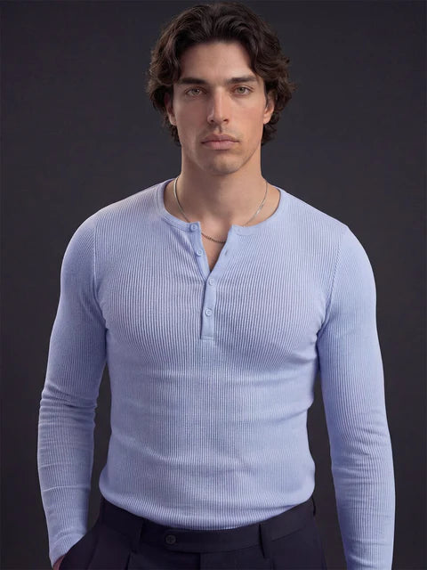 Sky Blue Ribbed Henley Longsleeves Tshirt
