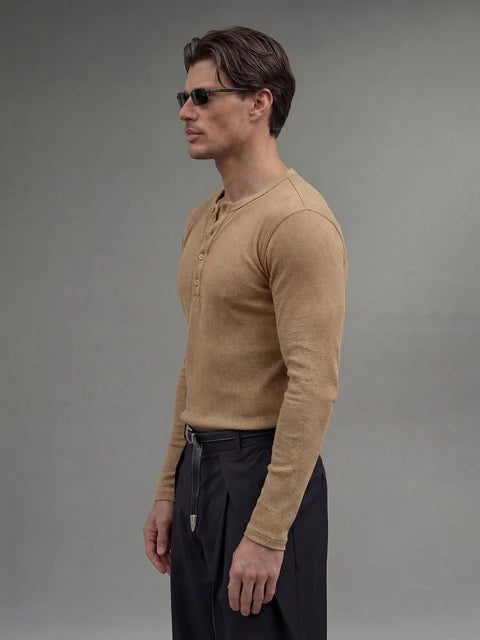 Beige Ribbed Henley Longsleeves Tshirt