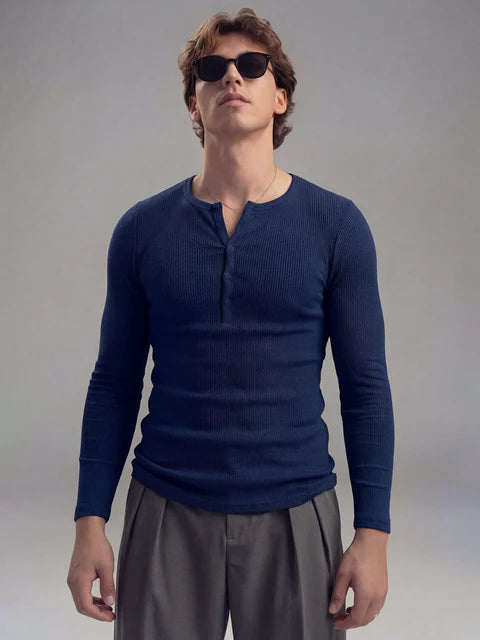 Navy Ribbed Henley Longsleeves Tshirt