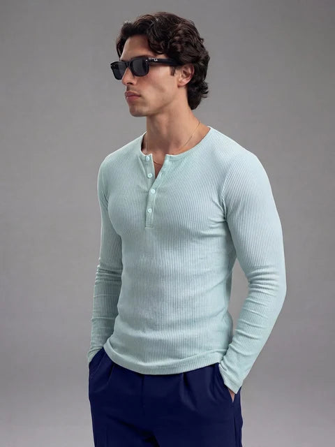 Pastel Mint Green Ribbed Henley Longsleeves Tshirt