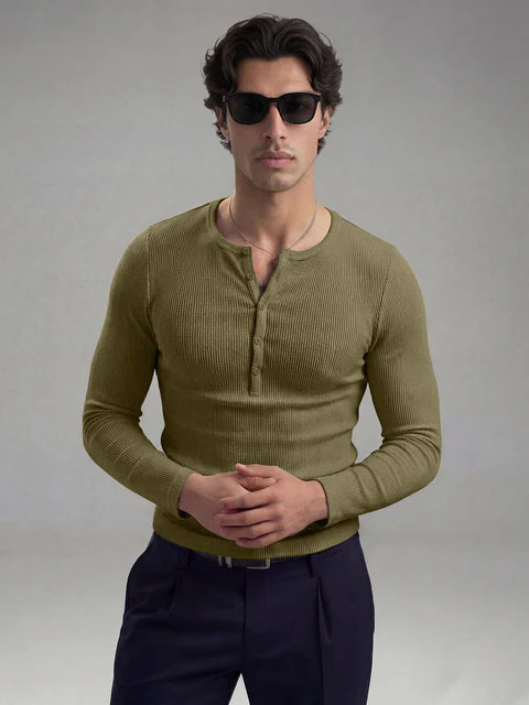 Olive Ribbed Henley Longsleeves Tshirt