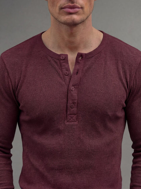 Maroon Ribbed Henley Longsleeves Tshirt