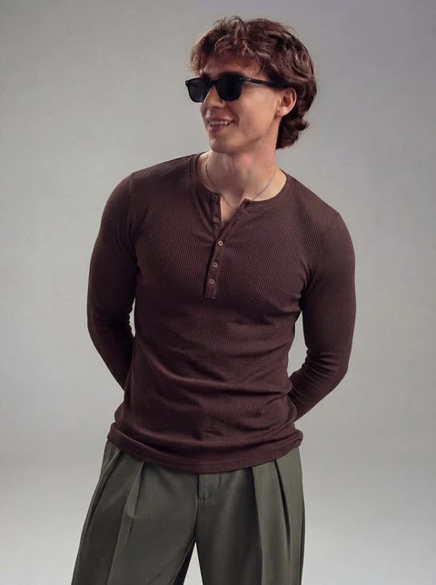 Coffee Ribbed Henley Longsleeves Tshirt