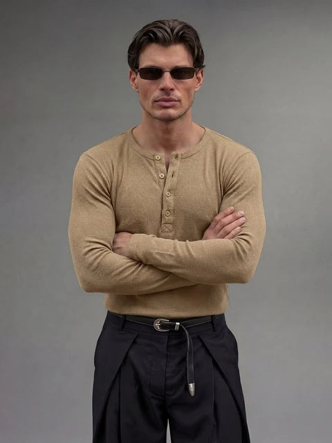 Beige Ribbed Henley Longsleeves Tshirt