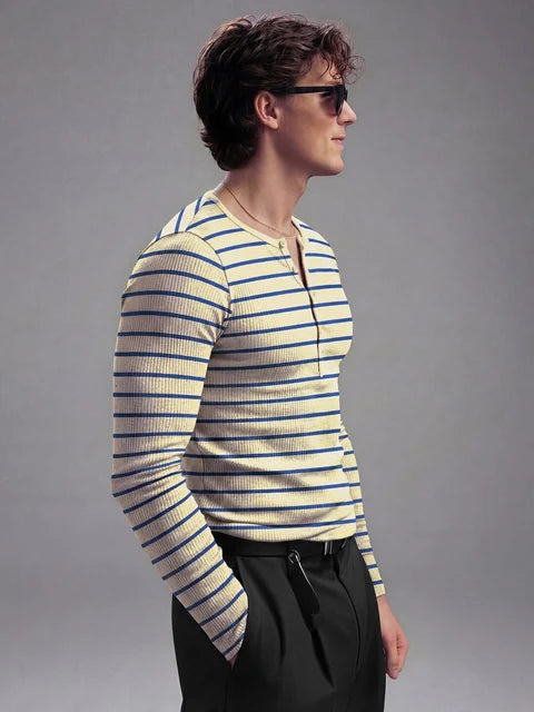 Beige And Navy Striped Ribbed Henley Longsleeves Tshirt
