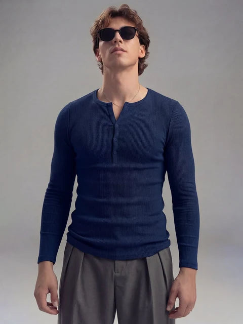 Navy Ribbed Henley Longsleeves Tshirt