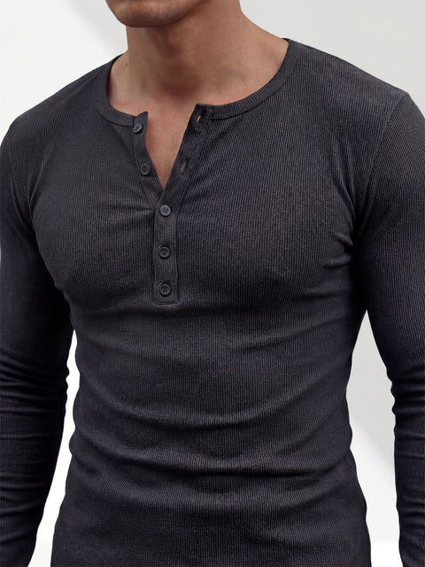 Charcoal Ribbed Henley Longsleeves Tshirt