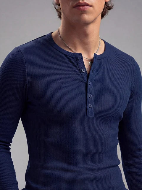 Navy Ribbed Henley Longsleeves Tshirt