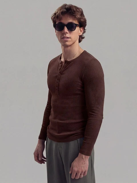 Coffee Ribbed Henley Longsleeves Tshirt