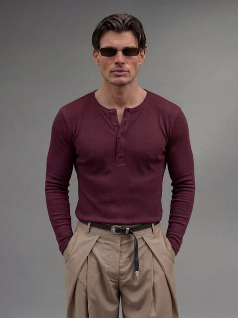 Maroon Ribbed Henley Longsleeves Tshirt