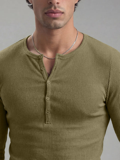 Olive Ribbed Henley Longsleeves Tshirt