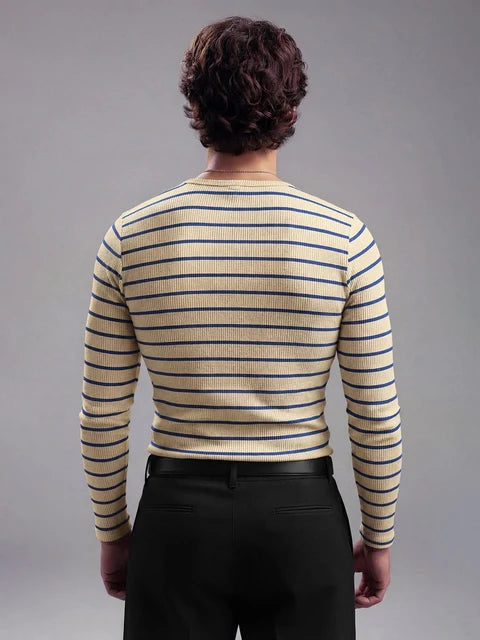 Beige And Navy Striped Ribbed Henley Longsleeves Tshirt