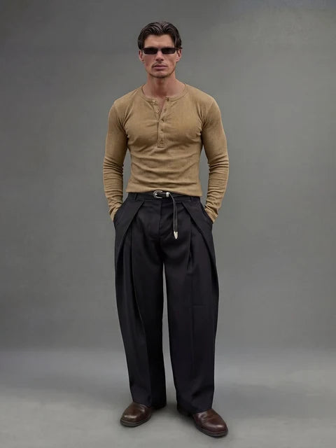 Beige Ribbed Henley Longsleeves Tshirt