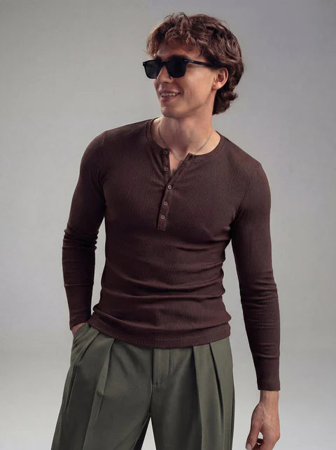 Coffee Ribbed Henley Longsleeves Tshirt