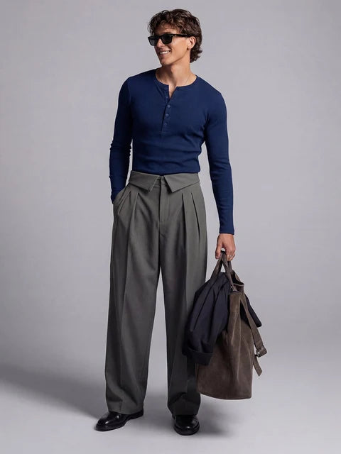 Navy Ribbed Henley Longsleeves Tshirt
