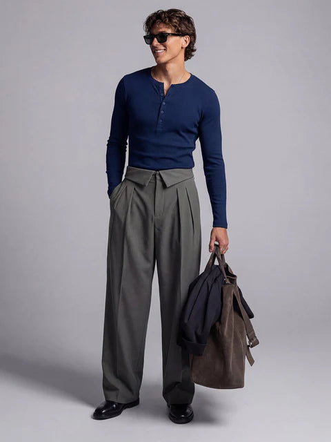 Navy Ribbed Henley Longsleeves Tshirt