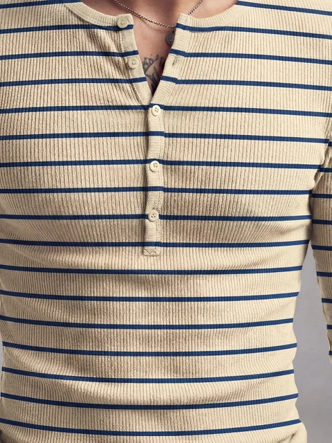 Beige And Navy Striped Ribbed Henley Longsleeves Tshirt
