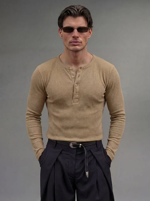 Beige Ribbed Henley Longsleeves Tshirt
