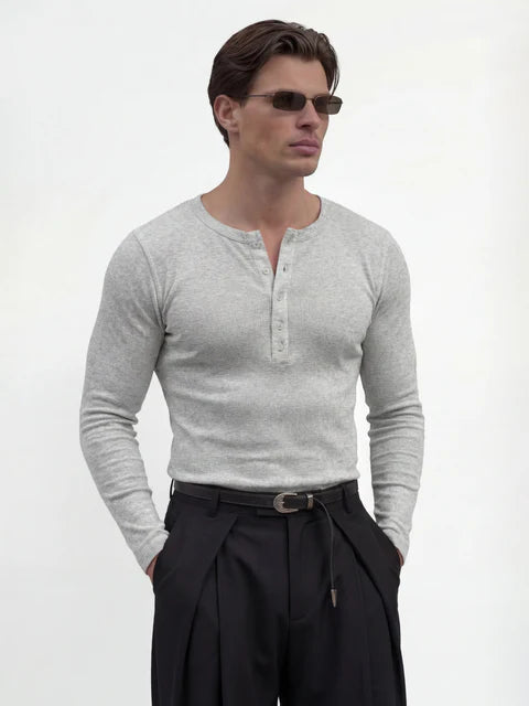 Light Grey Ribbed Henley Longsleeves Tshirt