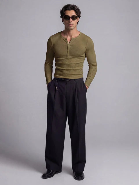 Olive Ribbed Henley Longsleeves Tshirt