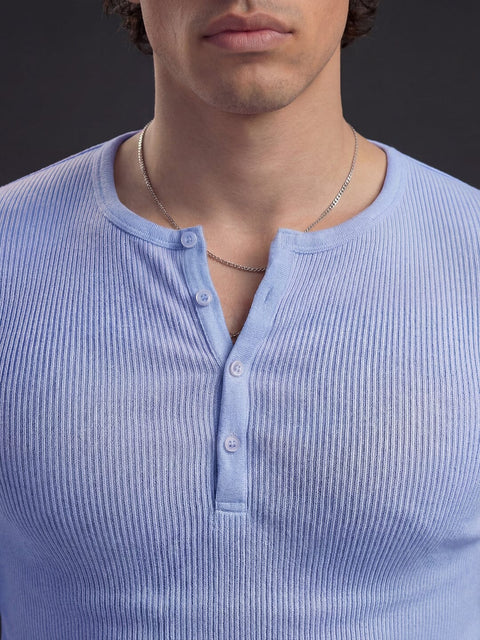 Sky Blue Ribbed Henley Longsleeves Tshirt