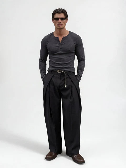 Charcoal Ribbed Henley Longsleeves Tshirt