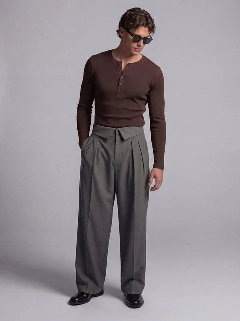 Coffee Ribbed Henley Longsleeves Tshirt