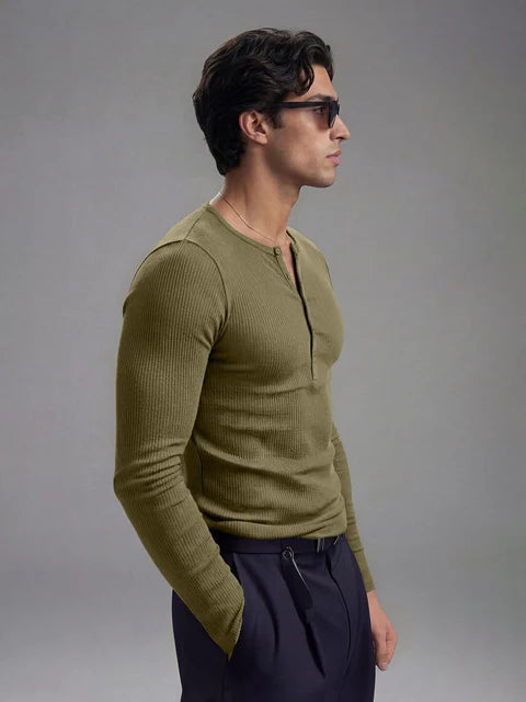 Olive Ribbed Henley Longsleeves Tshirt