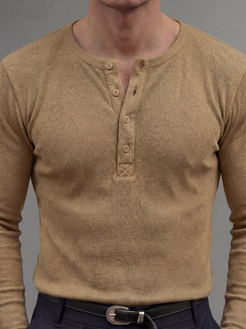 Beige Ribbed Henley Longsleeves Tshirt