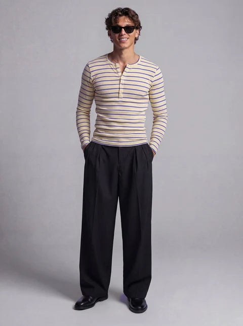 Beige And Navy Striped Ribbed Henley Longsleeves Tshirt