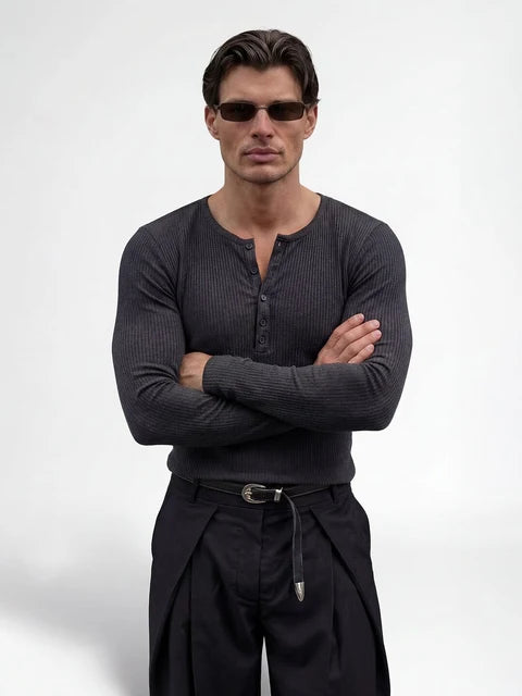 Charcoal Ribbed Henley Longsleeves Tshirt