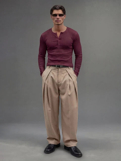 Maroon Ribbed Henley Longsleeves Tshirt