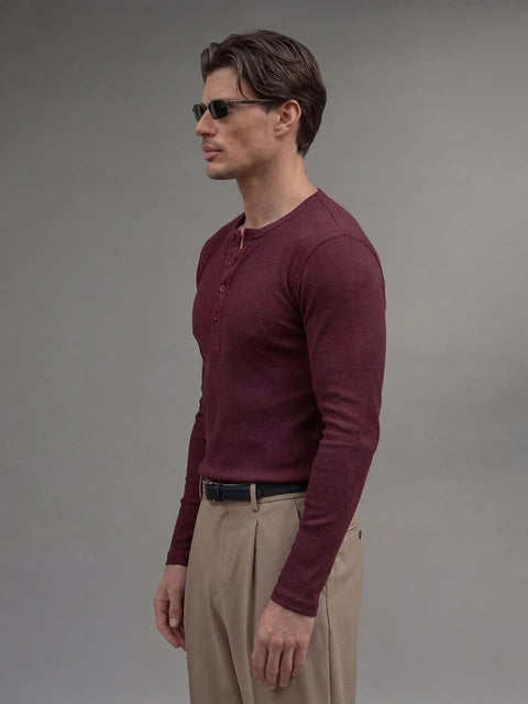 Maroon Ribbed Henley Longsleeves Tshirt