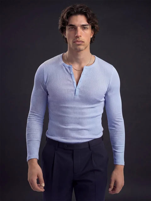 Sky Blue Ribbed Henley Longsleeves Tshirt