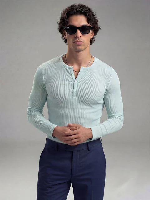 Pastel Mint Green Ribbed Henley Longsleeves Tshirt