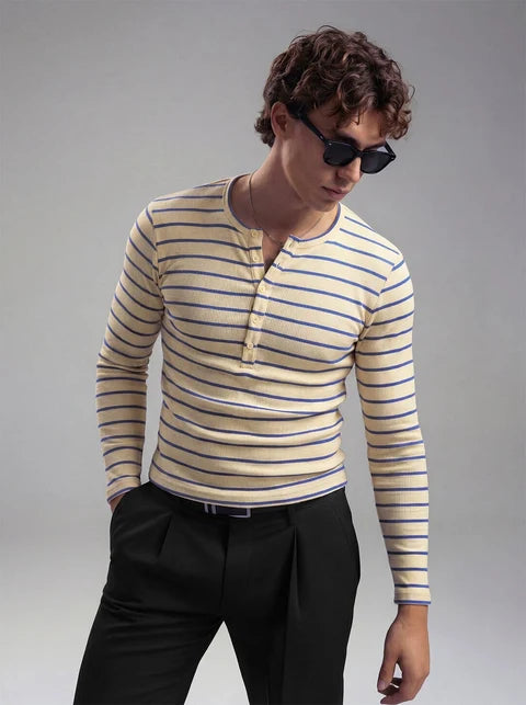 Beige And Navy Striped Ribbed Henley Longsleeves Tshirt