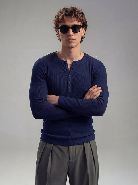 Navy Ribbed Henley Longsleeves Tshirt