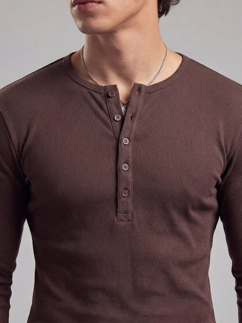 Coffee Ribbed Henley Longsleeves Tshirt