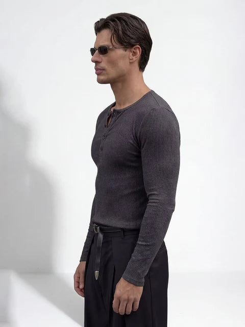 Charcoal Ribbed Henley Longsleeves Tshirt