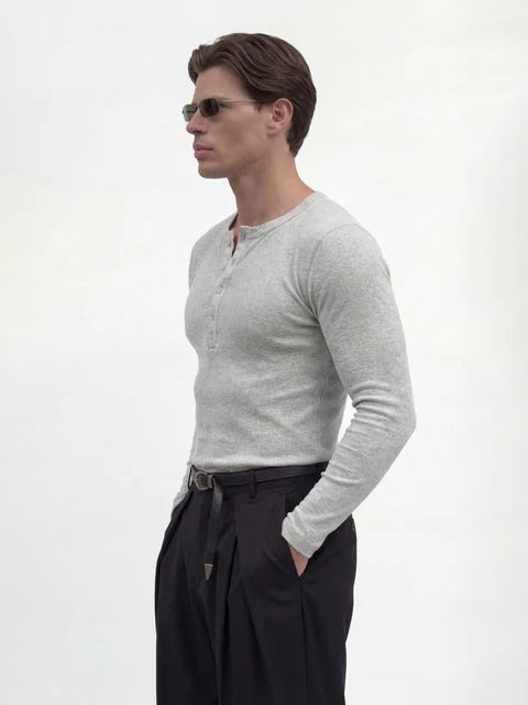Light Grey Ribbed Henley Longsleeves Tshirt