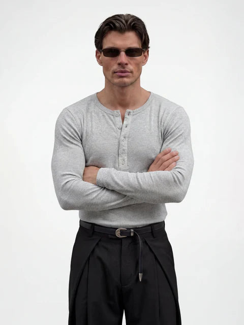 Light Grey Ribbed Henley Longsleeves Tshirt