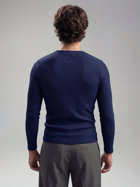 Navy Ribbed Henley Longsleeves Tshirt