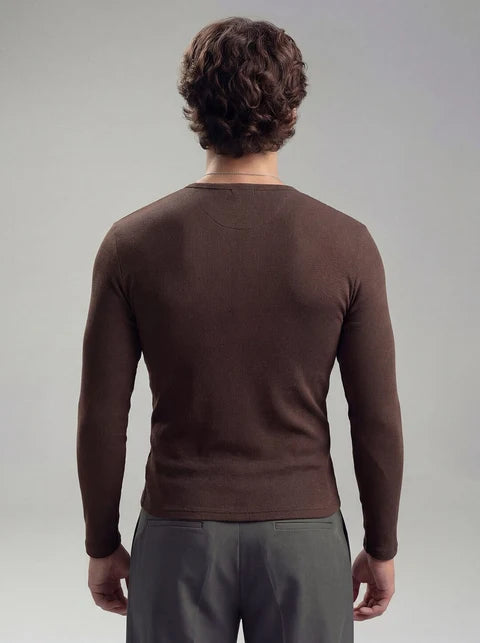 Coffee Ribbed Henley Longsleeves Tshirt